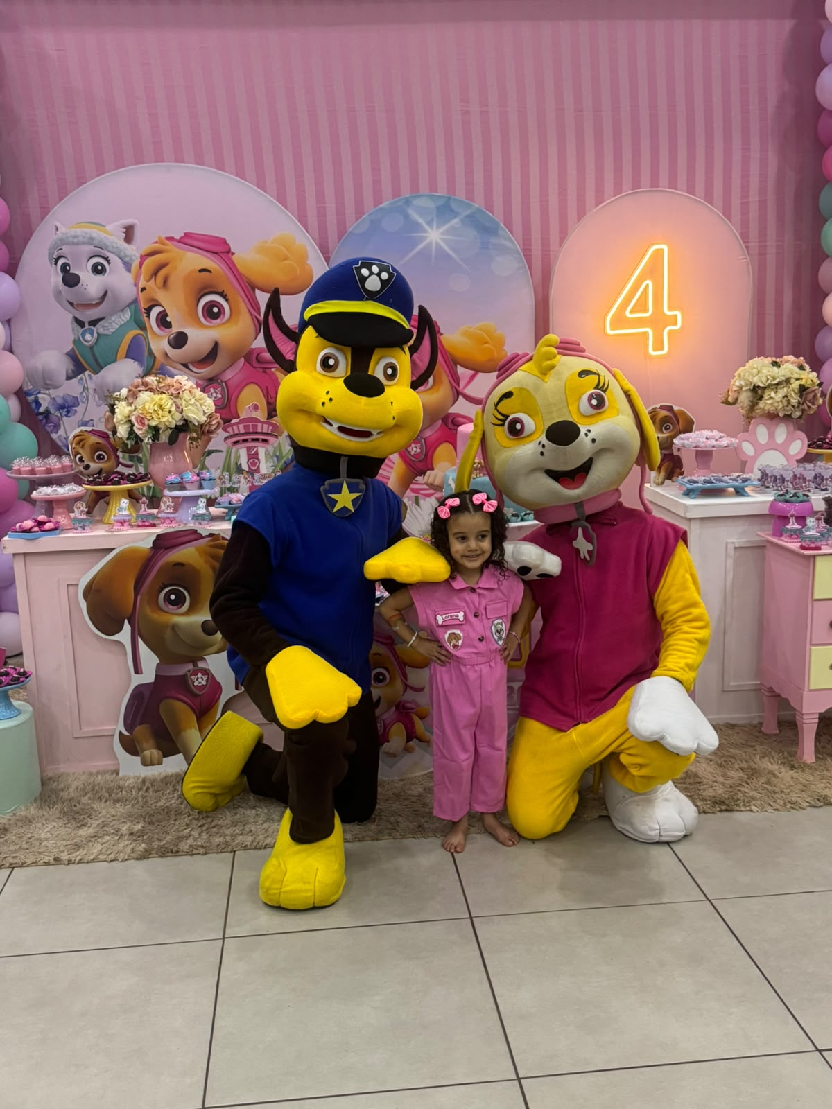 Personagens em pelúcia da Patrulha Canina com criança em festa