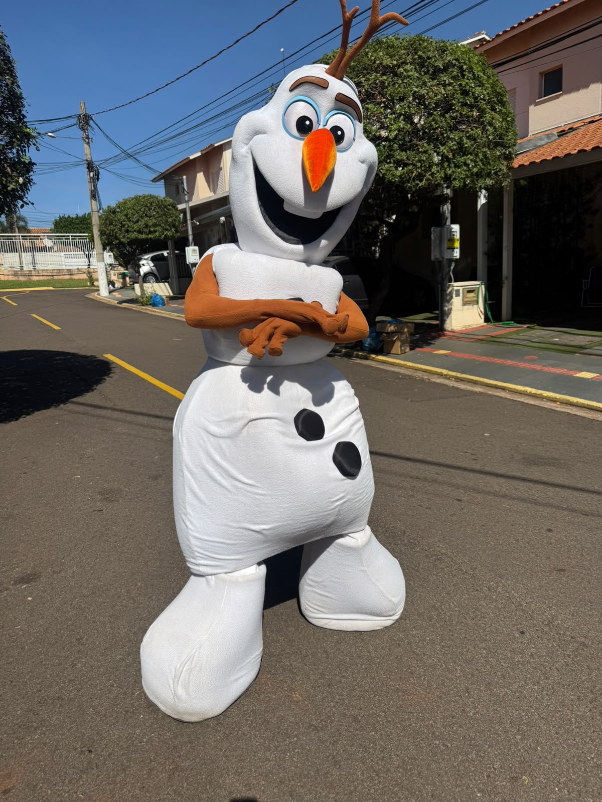 Personagem em pelúcia do Olaf na rua